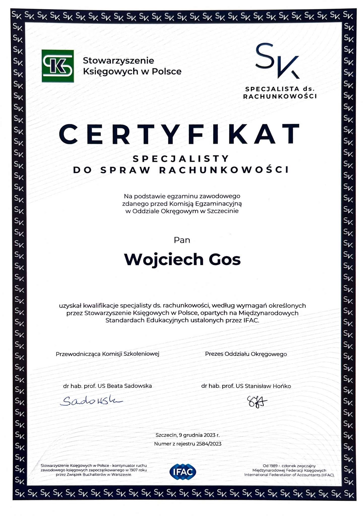 Certyfikat Wojciech Gos